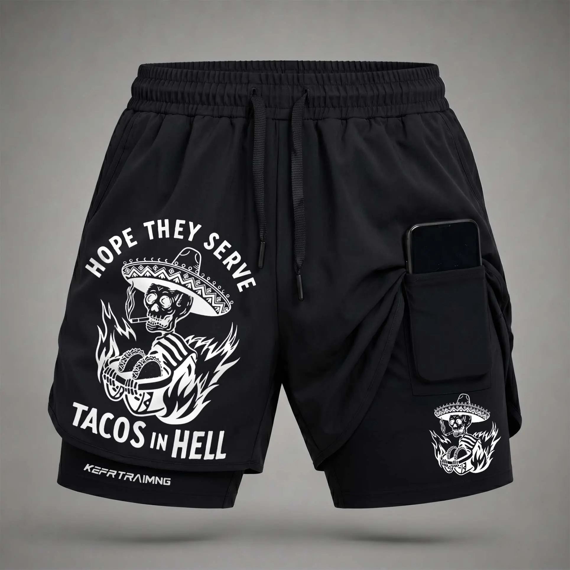 Men’s “Hope They Serve Tacos in Hell” Graphic Print 2-in-1 Athletic Shorts, Built-in Compression Liner, Secure Inner Phone Pocket, Elastic Drawstring Waist, Quick-Dry Gym Running Training Shorts for Summer Daily Wear