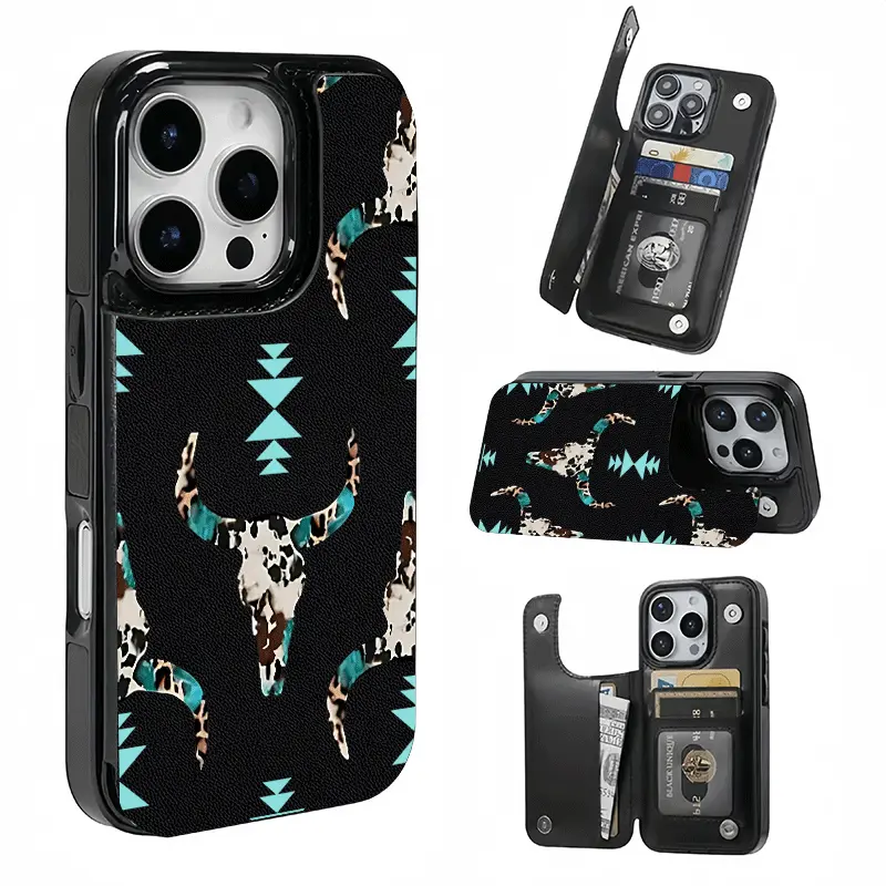 Western Bull Skull Geometric Pattern Card Holder, Printed phone case, not 3D textured. Features card slot for bank cards, transit cards etc. Compatible with iPhone 17/16/15/14/13/12. Unisex, great holiday gift.