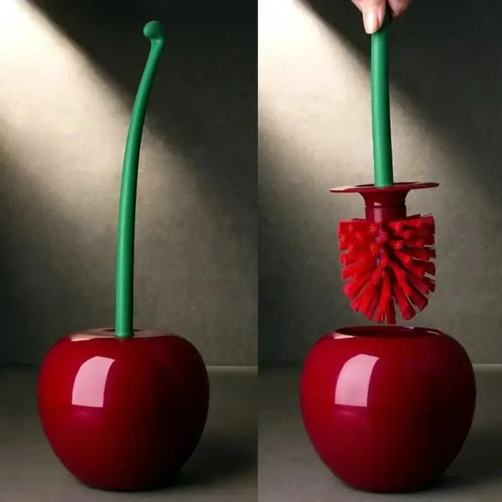 Cute Cherry Red Toilet Brush with Holder Creative Bathroom Decor Set