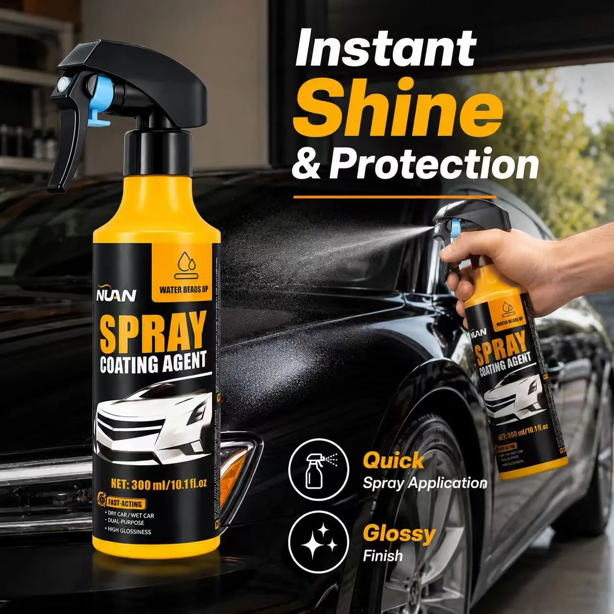 NUAN Car Paint Coating - Ceramic Coating Spray for Cars, 3-in-1 Waterless Wash & Wax, Hydrophobic Paint Protection, High Gloss Shine, SiO2 ceramic spray, wax polish spray, pH neutral car wash, headlight coating, ceramic coating kit, water beading spray