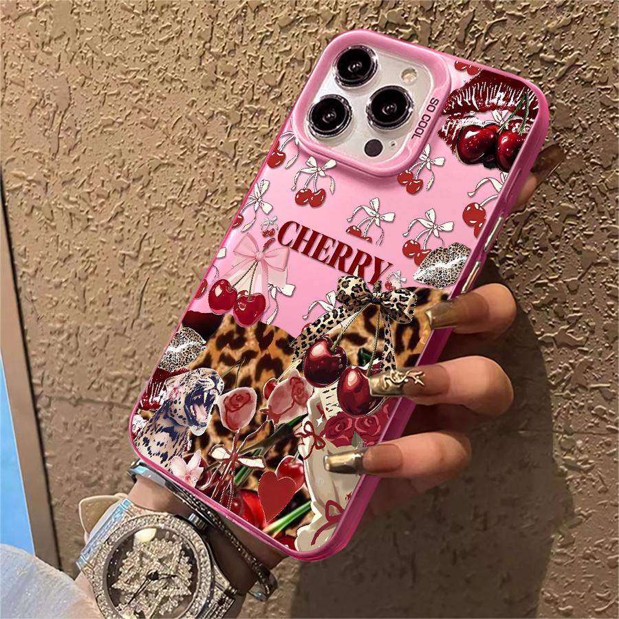 Cherry leopard print bow heart phone case, shockproof hard shell, featuring a vintage girl style design, ideal for gifting, suitable for iPhone 17/16/15/14/13/12/11/X/XS/XSMAX/XR/7P/8P/16E/17E