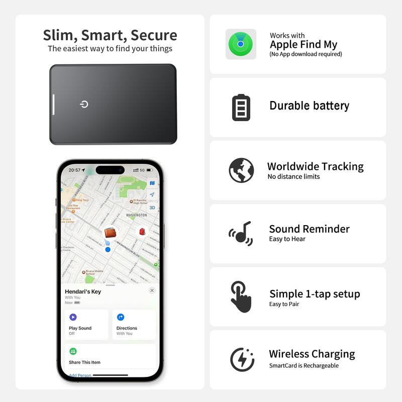 Wallet Tracker Card, Rechargeable Thin Finder, Works with Apple Find My (iOS Only), Item Locator for Luggage Tags, Passports, Phone