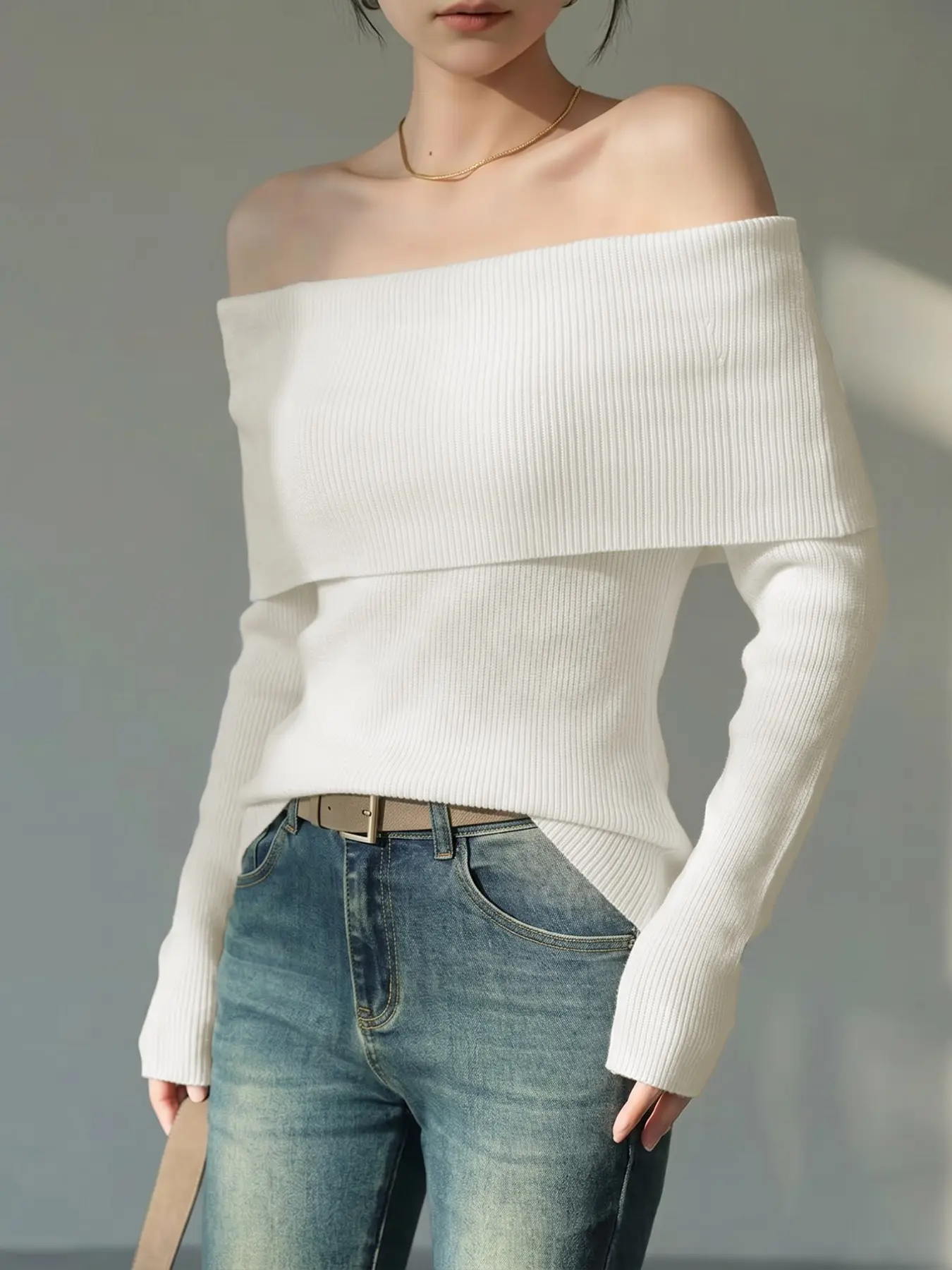 Fall Winter Off the Shoulder Sweater Top for Women, Ribbed Knit Long Sleeve Slim Fit Pullover, Fitted Knitwear Top, Dressy Womens Tops, Sweaters for Women for Date Night, Party, Going Out, Casual Minimalist Top