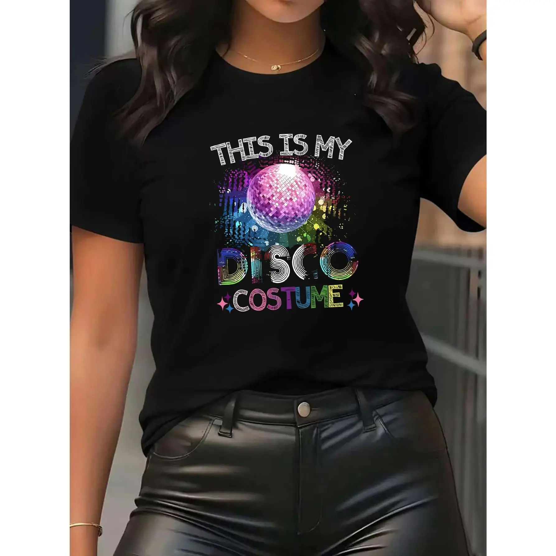 Women's Black Casual Short Sleeve T-Shirt - Premium Quality Stretchy Disco Costume Tee with Bold "This Is My Disco Costume" Graphic Print, Machine Washable Round Neck Top for Parties, Festive Events & Casual Attire, Disco Party Supplies, Comfortable Fit S