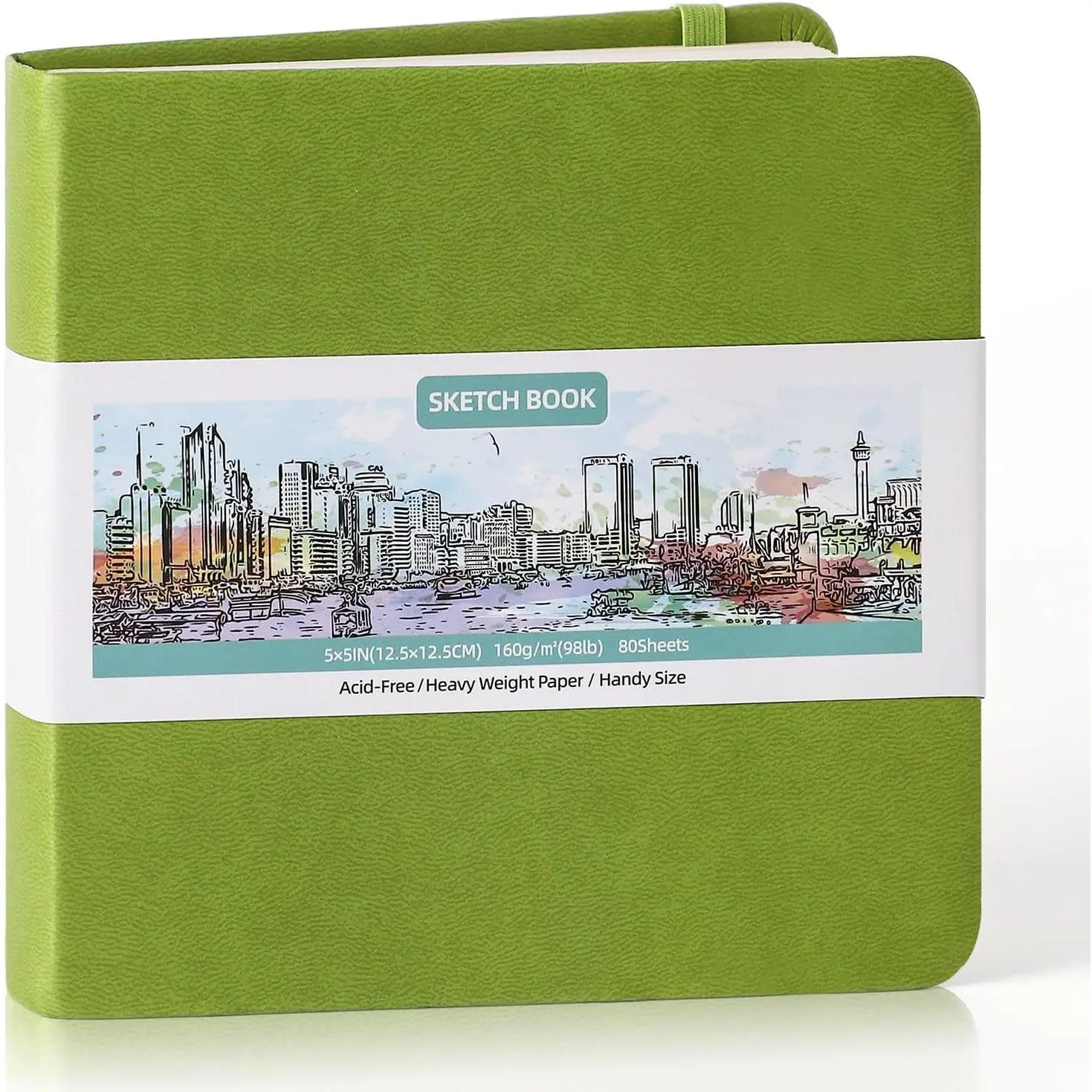 5" x 5" Hardcover Pocket Sketchbook, 80 Sheets,  Green | 160gsm acid-free paper, elastic closure, ribbon bookmark, compact travel size for sketching  the go