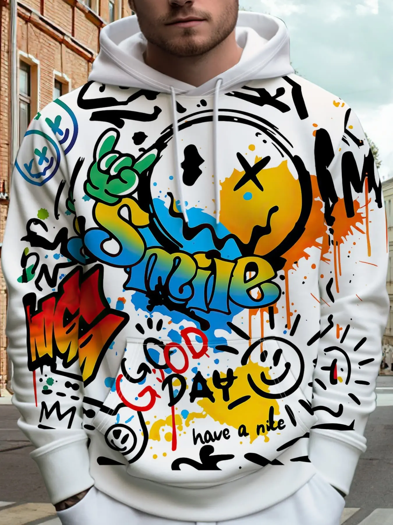 Men Drawstring Pocket Pullover Hoodie, Streetwear Graffiti Smile Splash Ink Full Print Sweatshirt, Soft Loose Long Sleeve Graphic Hooded Top for Daily Outdoor Street Outfit.