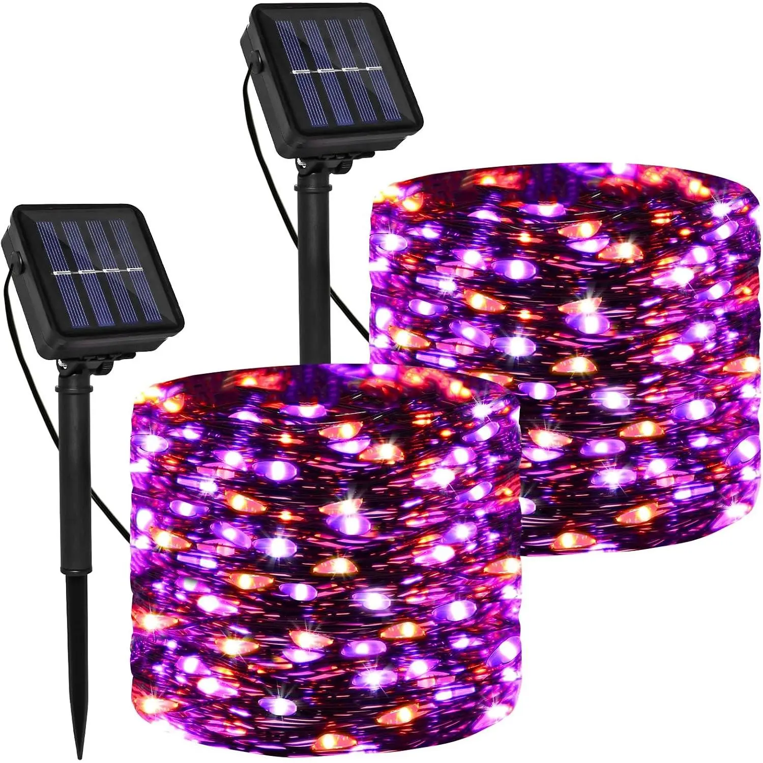 2 Pack Solar Fairy String Lights, 200 LED Christmas Copper Wire Lights |  Orange Glow, IP65 , 8 Lighting Modes, Auto Dusk-to-, Garden Patio Outdoor Use, Halloween Holiday Decor
