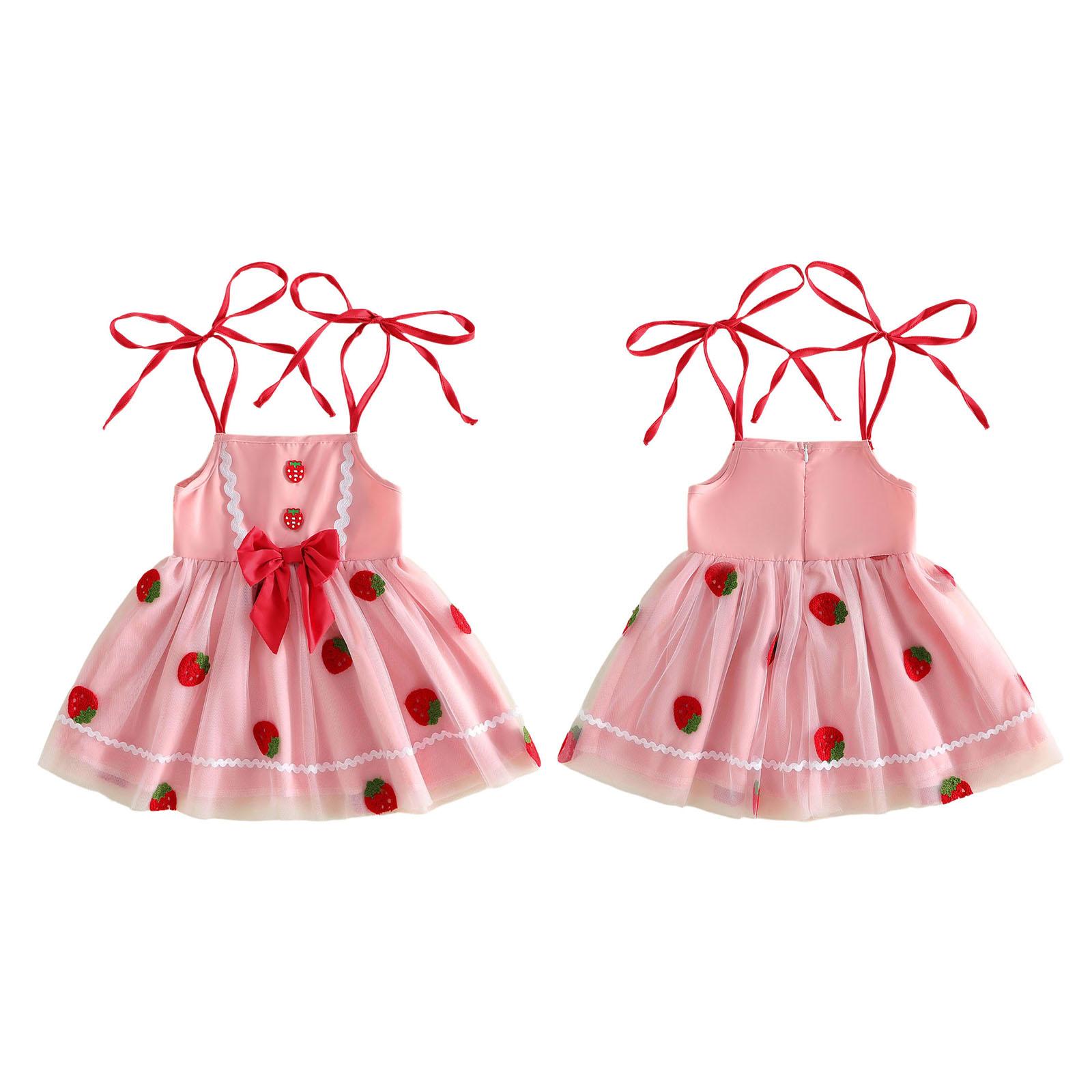 Toddler Girl Summer Dress Strawberry Embroidery Tie Strap Sleeveless Tulle A Line Tutu Dress with Bow Infant Baby Girl Casual Beach Outfit