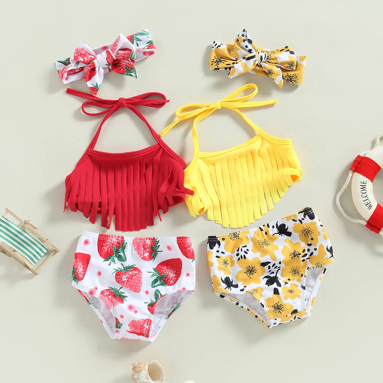 Toddler Baby Girl 3 Piece Swimsuit Halter Top+Shorts+Hat/Headband Bikini Set Summer Beach Bathing Suit Swimwear
