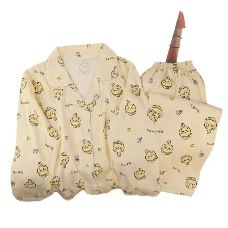 Women Chiikawa Hachiware Print Pajamas Set Cute Cartoon Long Sleeve Button Up Loungewear Casual Homewear Sleepwear Set