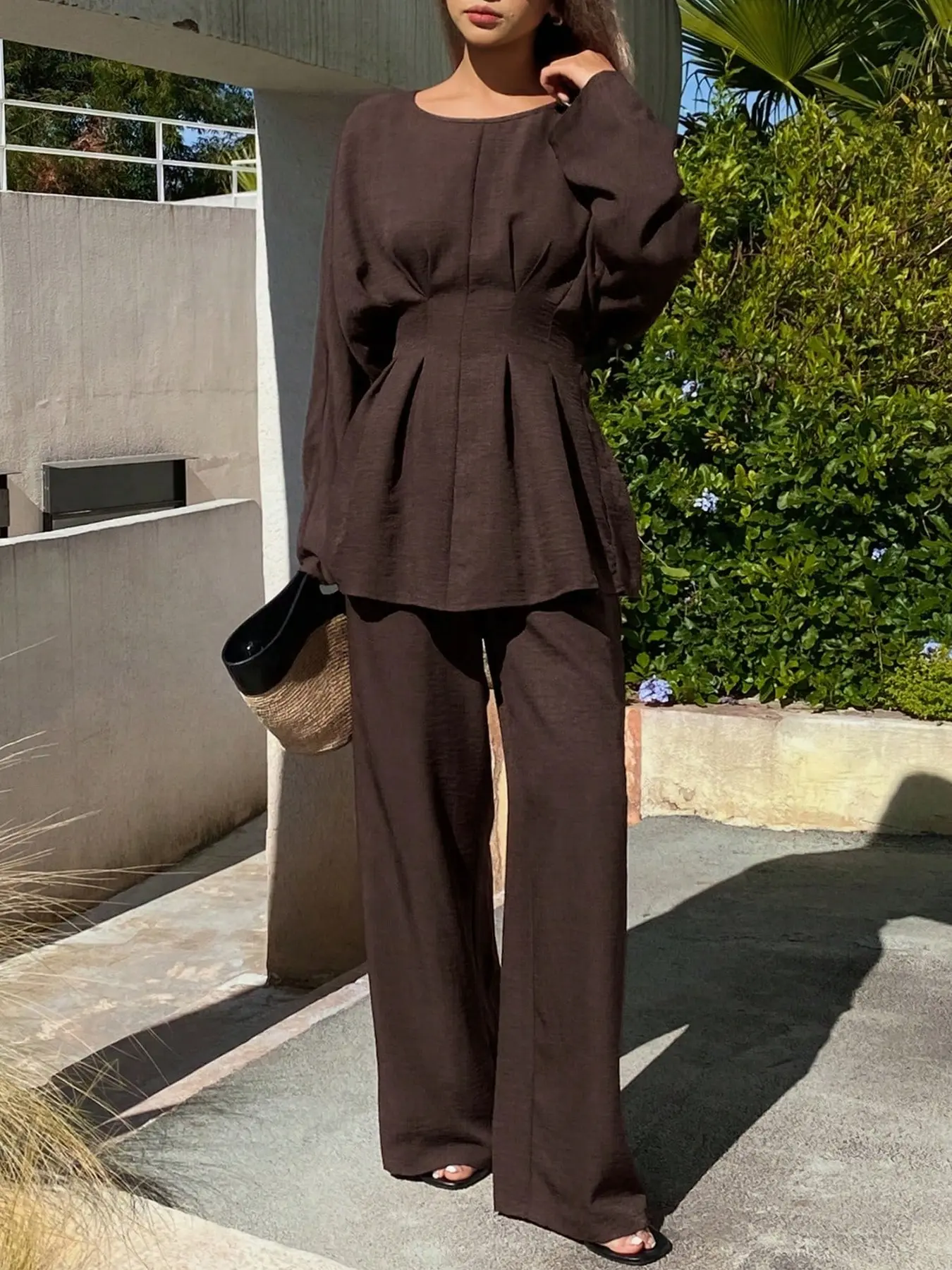 2 Piece Women Round Neck Long Sleeve Pleated Waist Peplum Top Matching Wide Leg Trousers Casual Solid Two Piece Set Daily Wear No Necklace