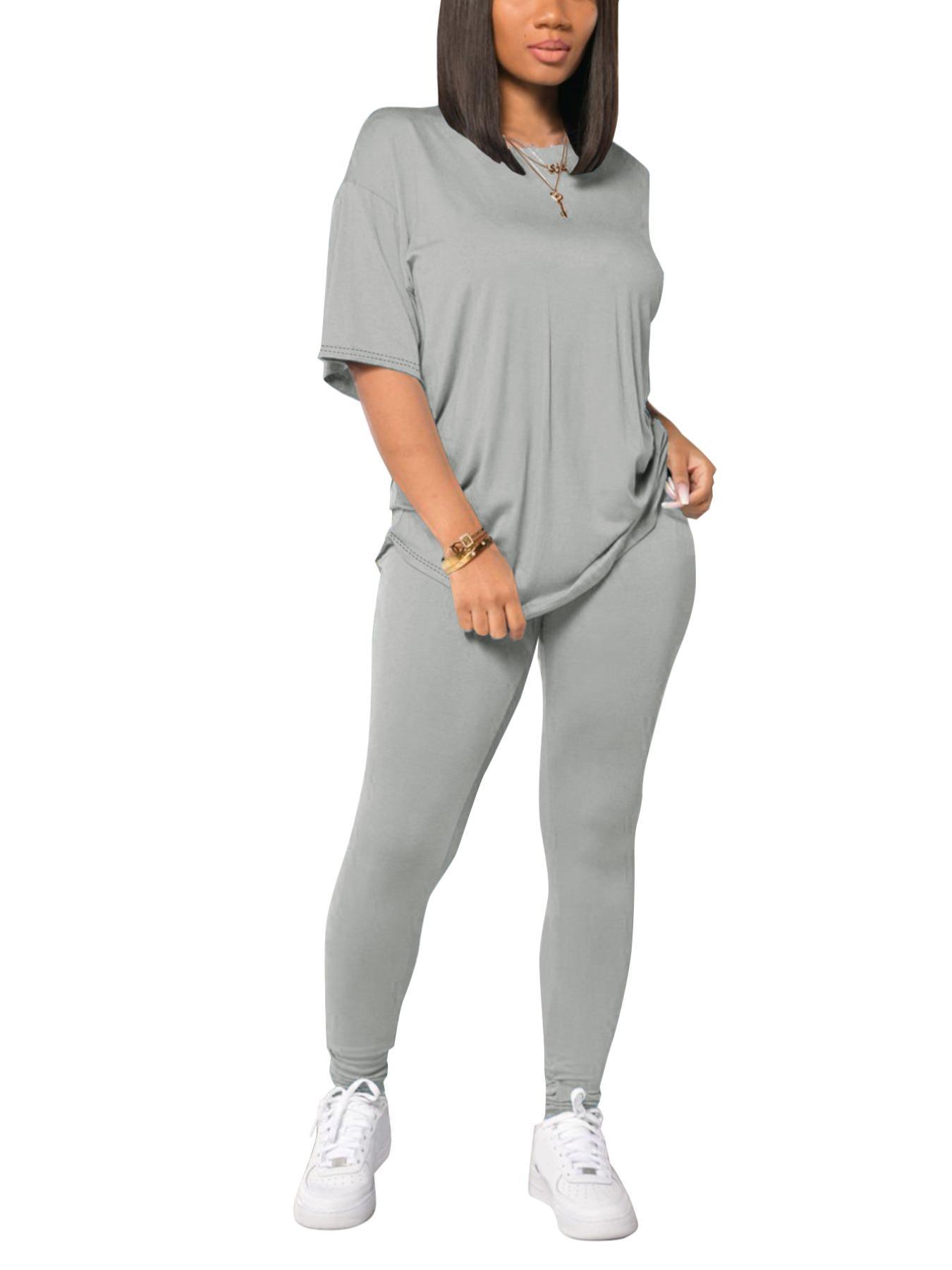 Women's Solid Drop Shoulder Tee & Elastic Waist Fitted Skinny Pants Matching Clothing Set, Summer Clothes Women, Casual Round Neck Half Sleeve Top & Leggings for Summer