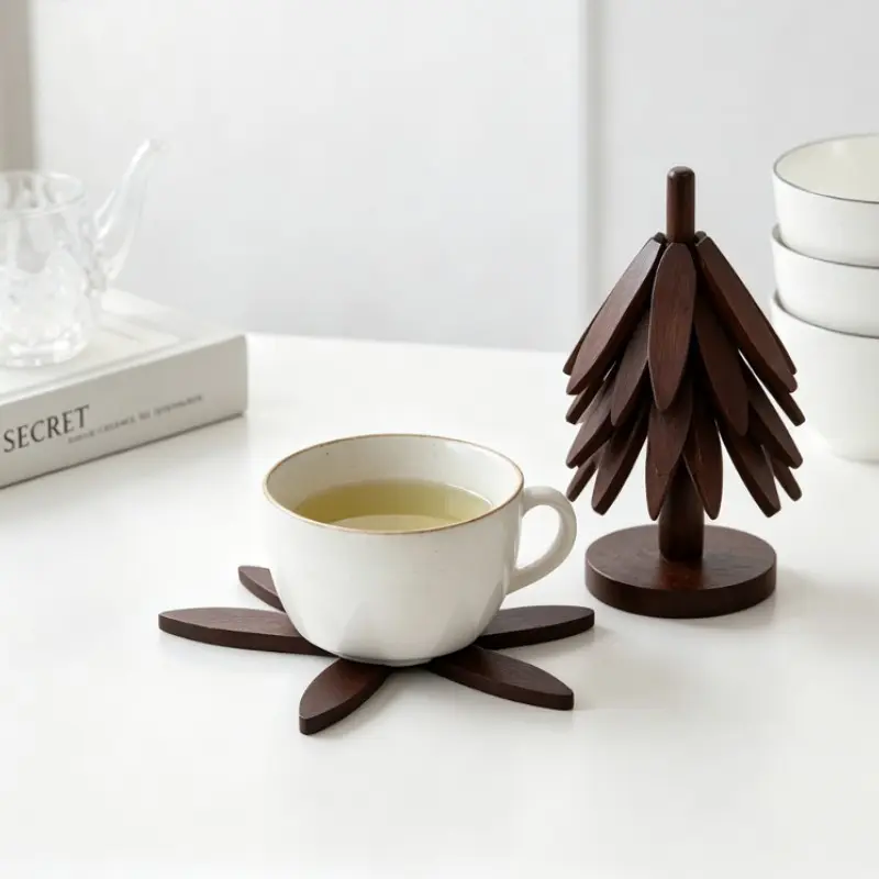 Wooden Tree Coaster Set Heat Resistant Trivet Aesthetic Nordic Wood Kitchen Decor Foldable Non Slip Table Protection Hot Pad Cup Mat Cute Coasters Ideal Housewarming Gift Dining Room Tabletop Decor Coffee Bar Accessories
