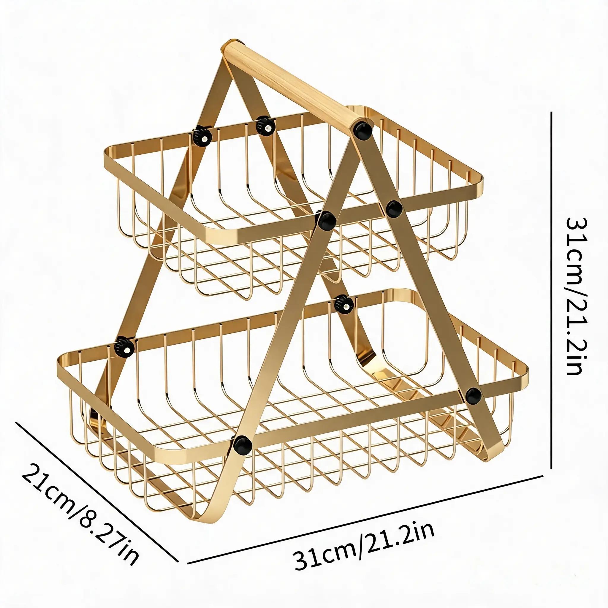 2-Tier & 3-Tier Detachable Metal Wire Fruit Vegetable Basket, Countertop Storage Organizer with Wooden Handle, Tiered Snack Bread Holder, Modern Kitchen Counter Rack for Apartment & Rental Home Organization,multifunctional