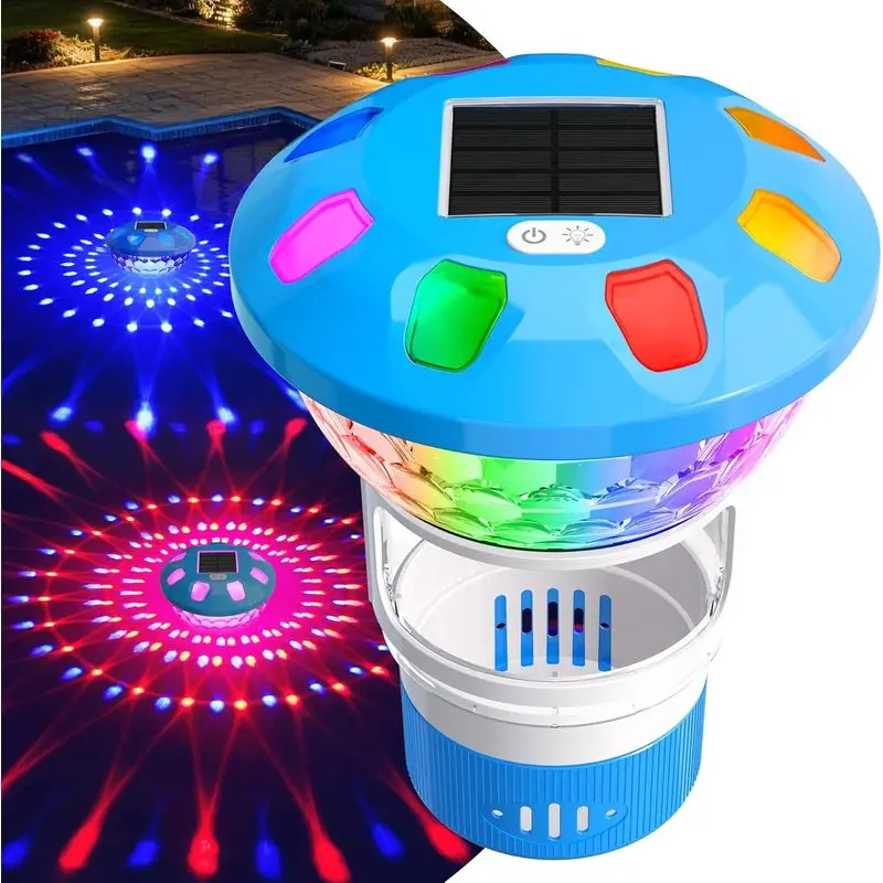 Solar Pool Chlorine Floater with RGB Light, Adjustable Flow Tablet Dispenser, Holds Up to 4 Standard 3-Inch Chlorine Tablets, Collapsible Floating Chlorinator for Inground and Above Ground Pools