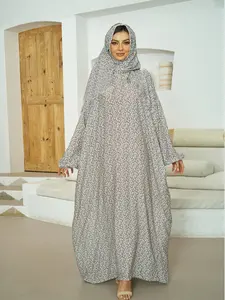Middle Eastern Women's Scarf-Style Prayer Robe, Long Loose Comfortable Printed Dress, Elegant Floral Trim Design, Perfect for Daily Wear