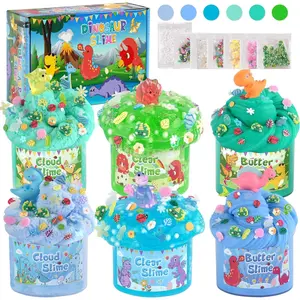6 Pack Dinosaurs Slime Kit for Kids Cloud, Butter, Clear Slimes with Glow in The Dark Add-ins, Green & Blue Dino Slime, Super Soft and Non-Sticky, Birthday Party Favor for Boys & Girls