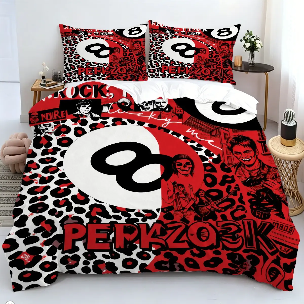 2/3Pcs Cool 8 Ball Pattern Duvet Cover Set,Red and Black Leopard Print Bedding Set, Edgy Streetwear Style Quilt Cover, Soft Microfiber Bedding Set,1 Duvet Cover + 1 or 2 Pillowcase (without insert) Zipper Closure,Bedroom Decor for Teenagers & Gamer Room