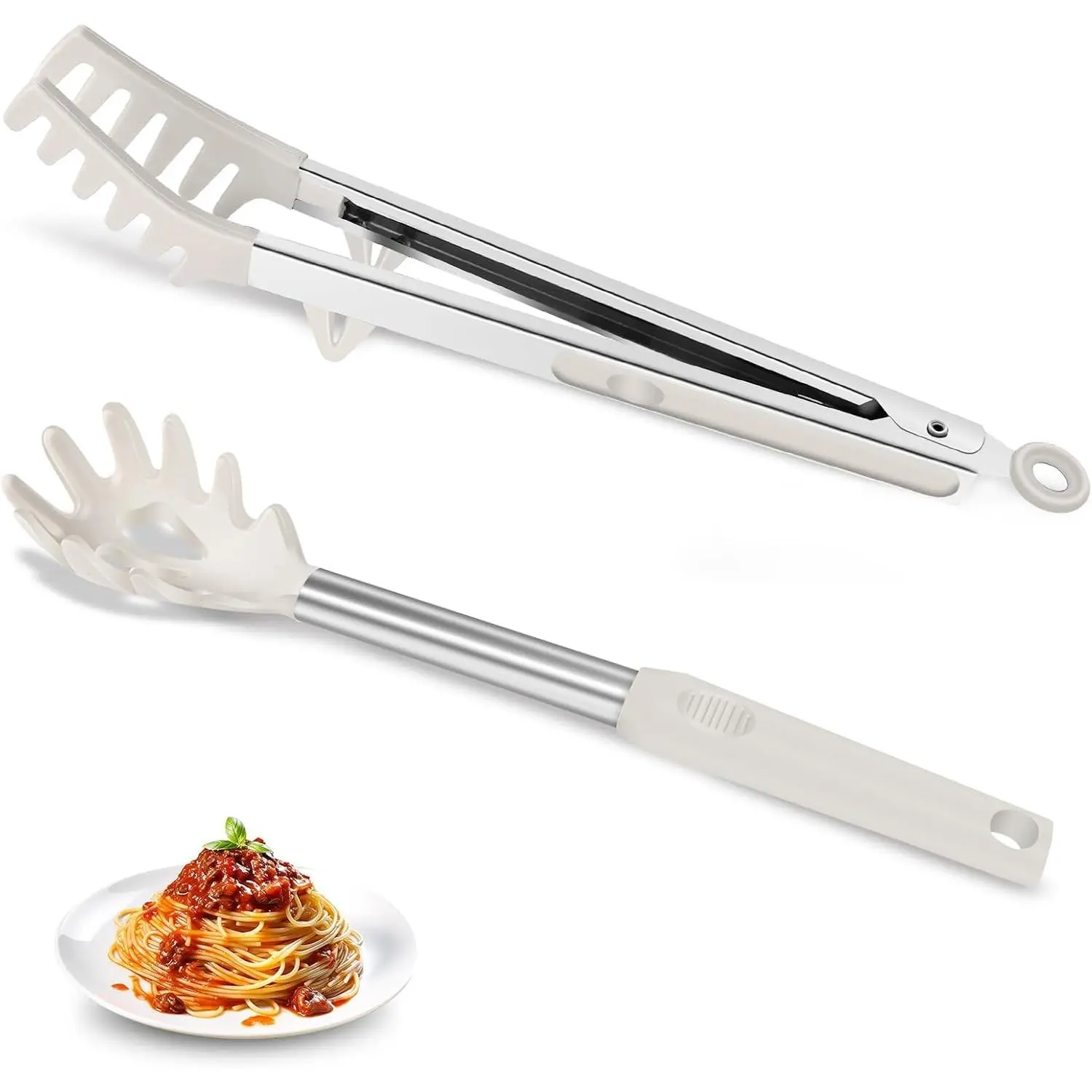 2-Piece Silicone Spaghetti Spoon and Pasta Tong Set, Heat-Resistant Non-Stick Noodle Server with Teeth, 13“ BPA-Free Spaghetti Strainer Fork, Stainless Steel Handle for Pasta Cooking, Beige