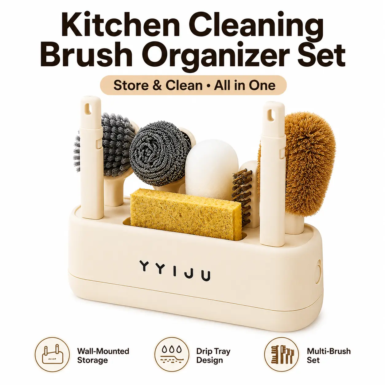 Multifunctional Kitchen Cleaning Brush Set Powerful Stain Removal Wall Mounted Storage Household Pot Cup Dish Washing Scrubber Brush Kit For Sink Stove Countertop Cleaning