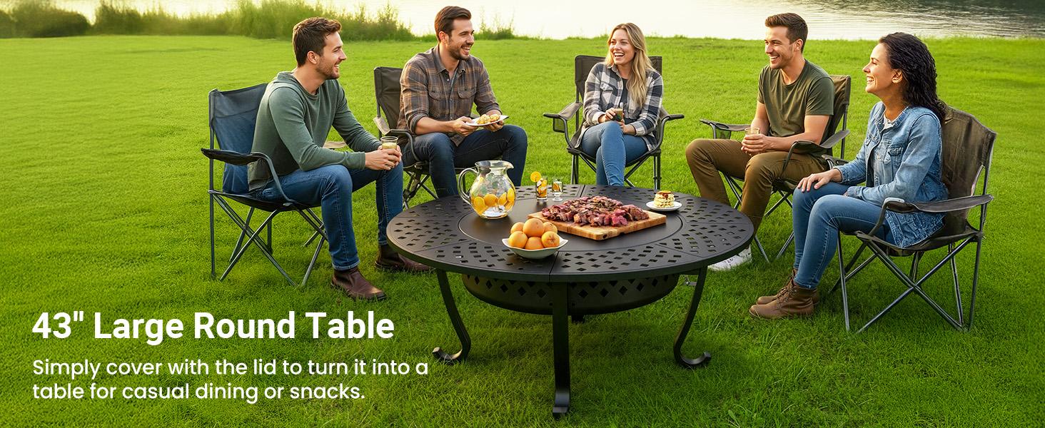 Royalcraft 43'' Fire Pit with 2 Grills, Outdoor Wood Burning Fireplace with Lid and Fire Poker, BBQ & Bonfire & Round Metal Table 3 in 1 for Patio, Backyard, Garden, Black