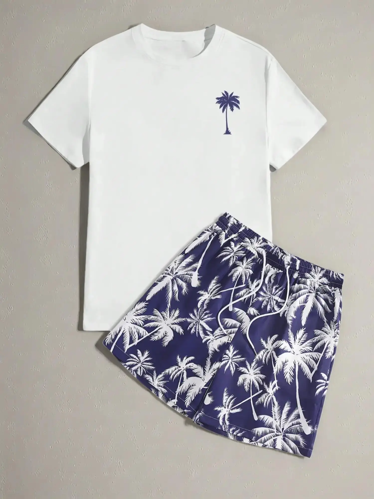 Men's Regular Fit Letter Print Shortsleeve Tee & Tropical Print Shorts Set, Casual Short Sleeve T-shirt & Drawstring Waist Shorts, Summer Clothes Set for Men, Homewear, Casual Lounge Set, Menswear, Pajamas Sleepwear