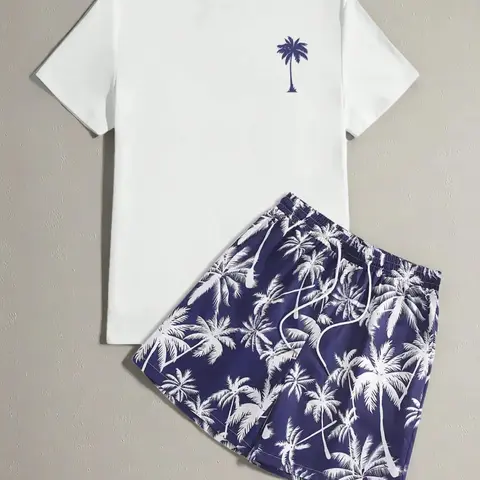 Men's Regular Fit Letter Print Shortsleeve Tee & Tropical Print Shorts Set, Casual Short Sleeve T-shirt & Drawstring Waist Shorts, Summer Clothes Set for Men, Homewear, Casual Lounge Set, Menswear, Pajamas Sleepwear