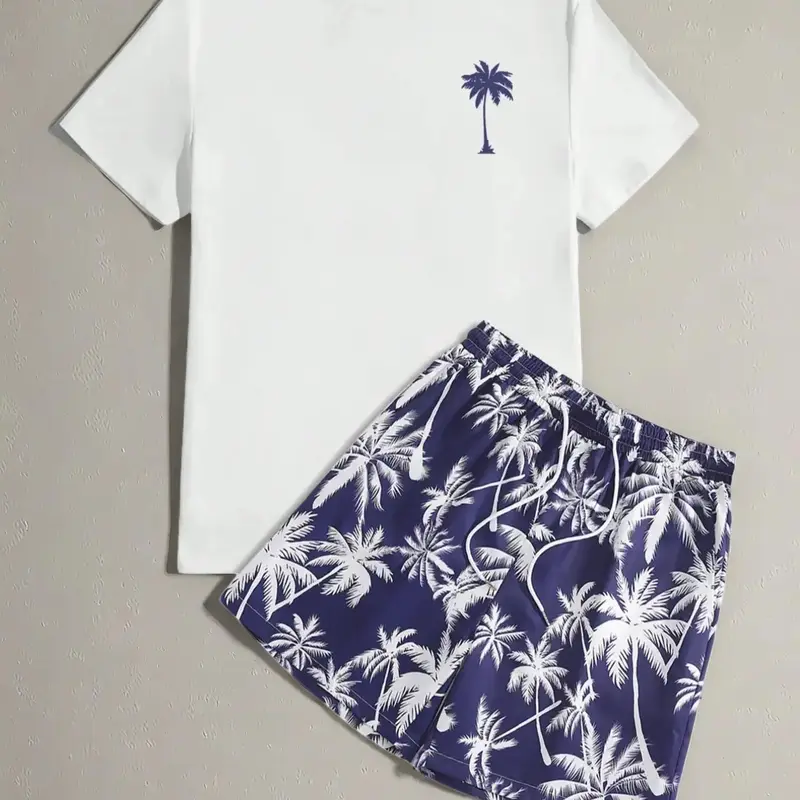 Men's Regular Fit Letter Print Shortsleeve Tee & Tropical Print Shorts Set, Casual Short Sleeve T-shirt & Drawstring Waist Shorts, Summer Clothes Set for Men, Homewear, Casual Lounge Set, Menswear, Pajamas Sleepwear