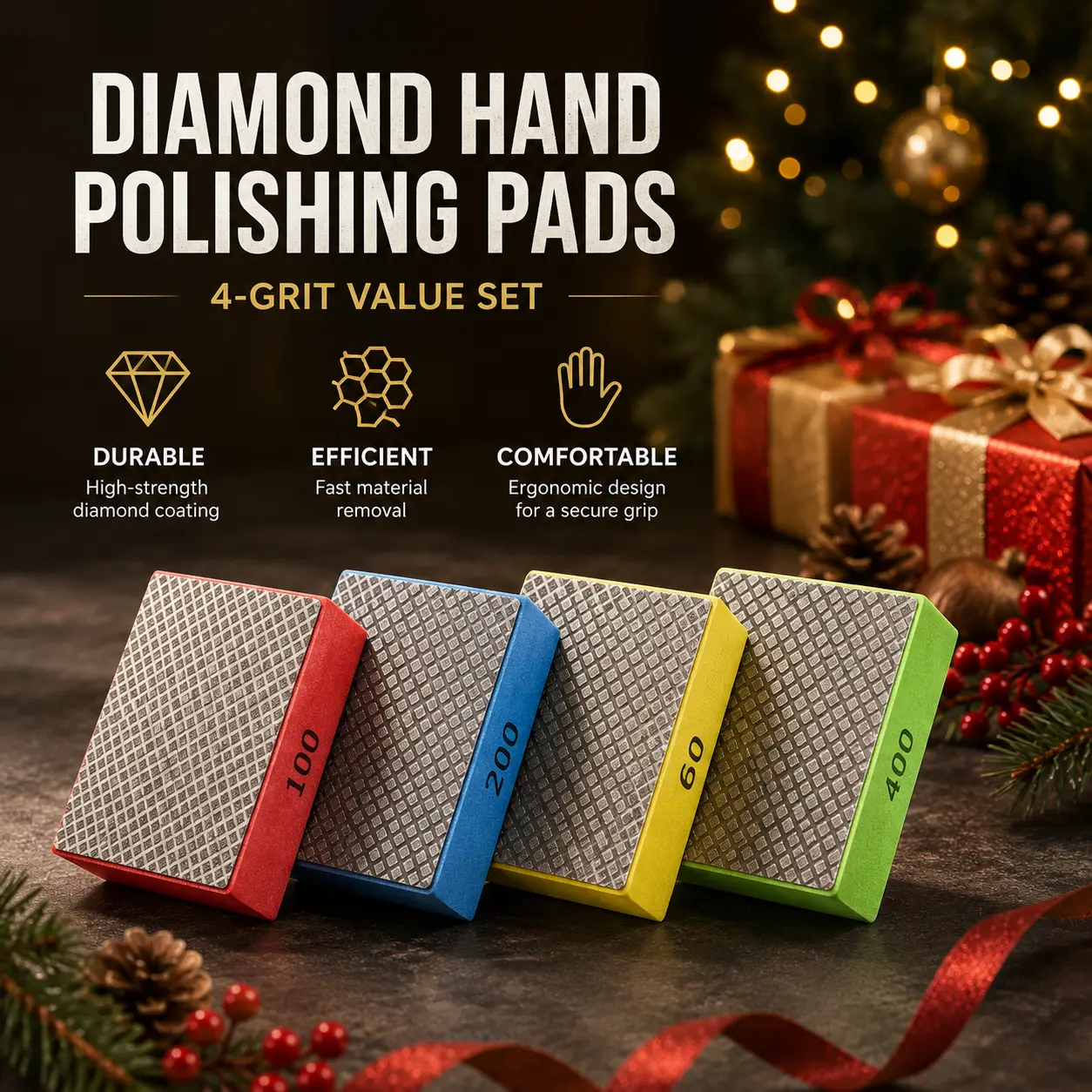 1/4 Pack Diamond Hand Polishing Pads Set for Sanding Ceramics Glass Tile Concrete Stone Marble Granite,60#,100#,200#,400# (Plane),Christmas Party Gifts,Hand Tools Kits-YY2