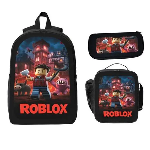 Kid-Friendly Roblox Character-Print 3-Piece School Backpack Kit - Waterproof Bookbag, Insulated Lunch Bag, Pencil Pouch for Children