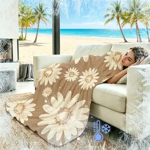 Yellow Base Blue Daisy Minimalist Summer Blanket, Q-Max>0.3 Cooling Breathable, For Young Female Gift Buyers, Portable Practical Blanket For Car Nap & Outdoor Trip