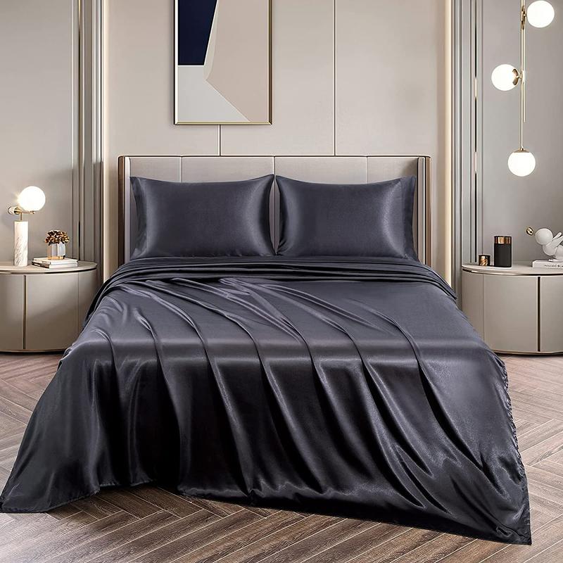 Solid Color Satin Bedding Set, Satin Bed Sheets, 3/4 Counts Luxury Includes 1 Flat Sheet, 1 Fitted Sheet, and 1/2 Pillowcase without Filler, Room Accessories Soft Mattress Protector, Twin, Full, Queen, King #TOP PICKS