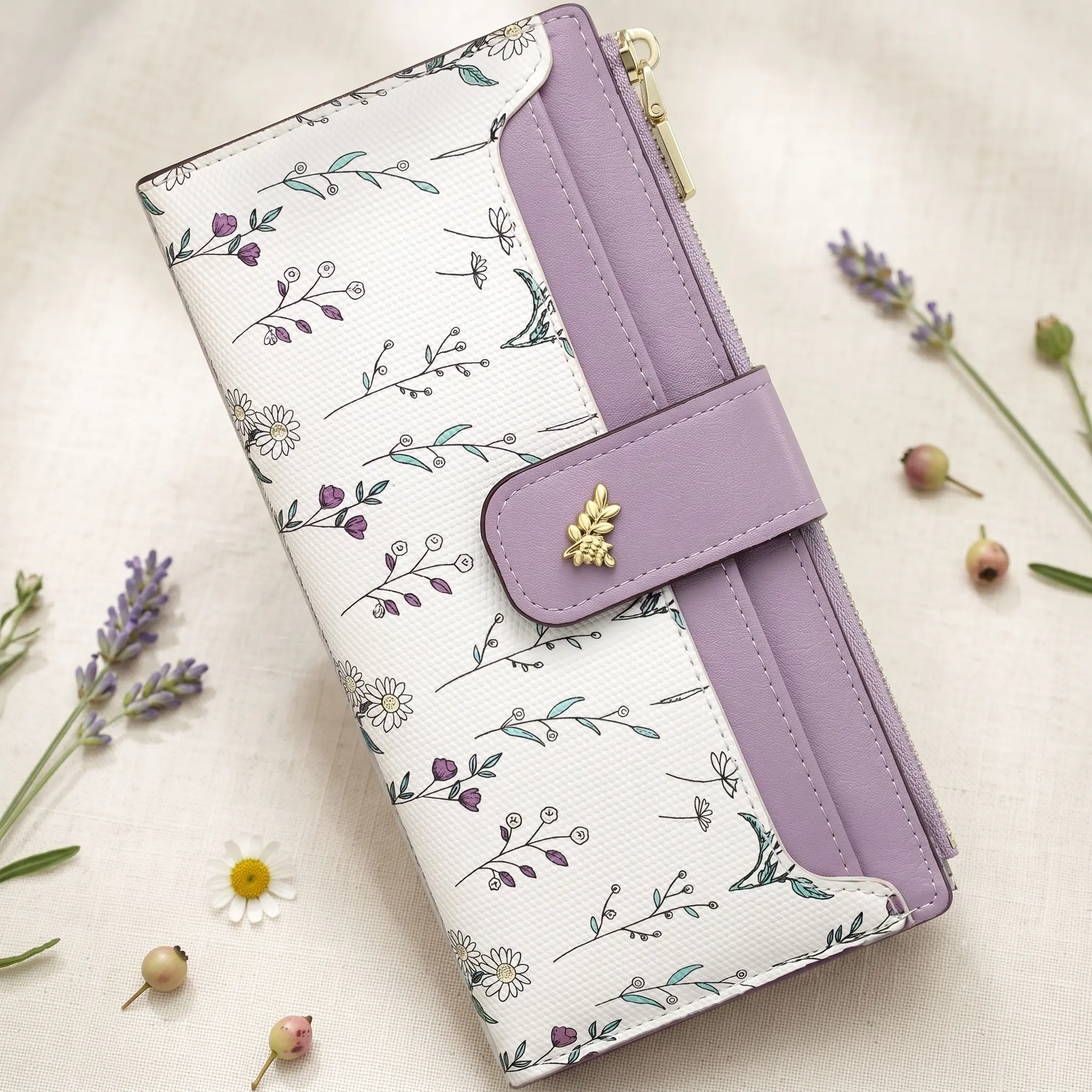 Floral Vegan Leather Slim Bifold Wallet RFID Blocking Card Holder With Zipper Pocket For Women Daily Gift
