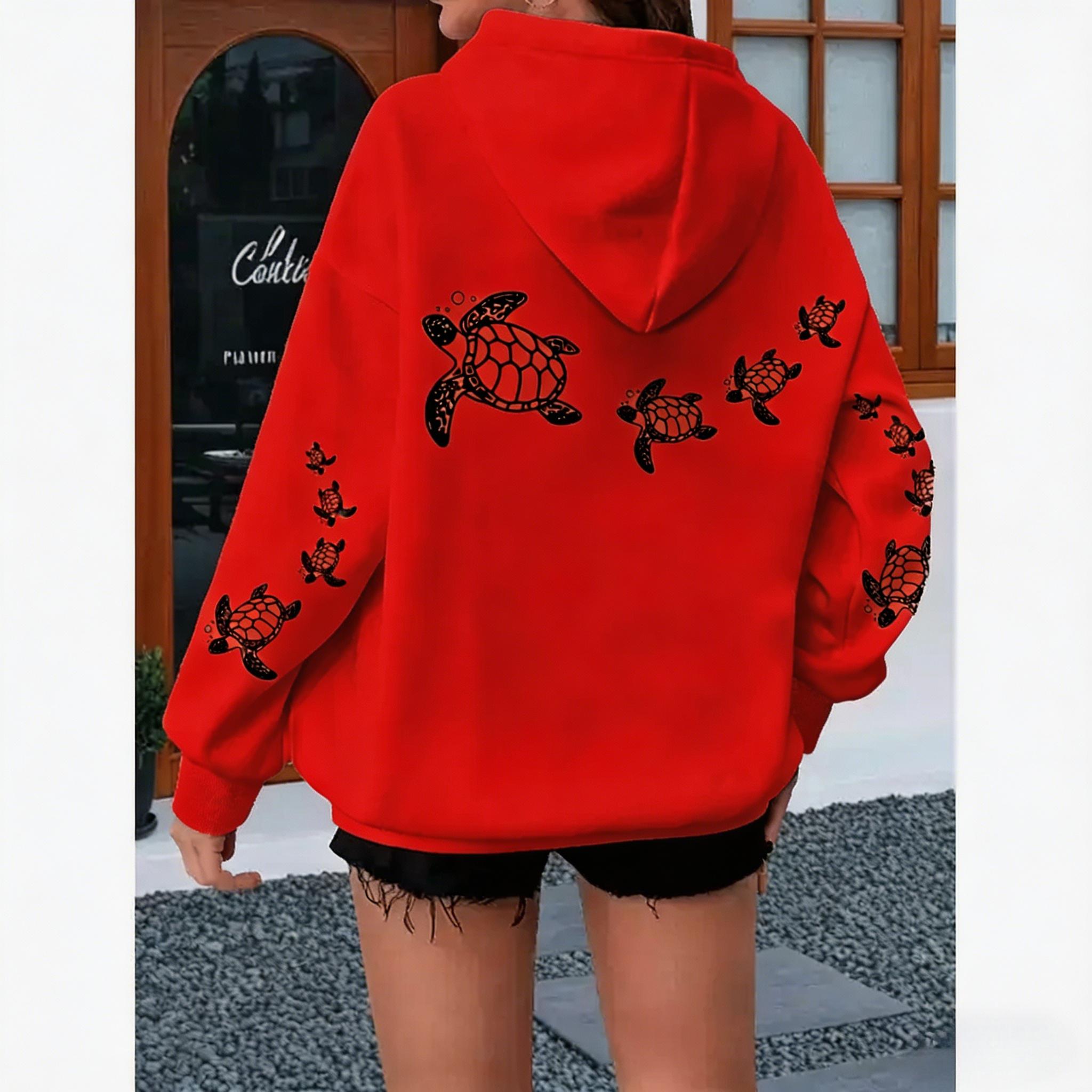 Women's plus-size loose hoodie with turtle print - pink and white casual pullover sweatshirt, kangaroo pocket and drawstring hood, machine washable, comfortable for all seasons, loose fit, soft fabric