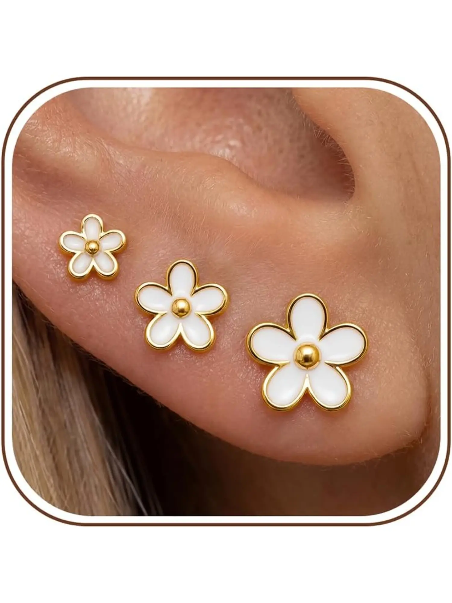 3 Pairs Earrings for Women Hypoallergenic Flower Earrings | Small Stud Earrings for Women Gold Rose Black Daisy Earrings 5/7/9mm Sizes White Enamel Petals Daily Wear