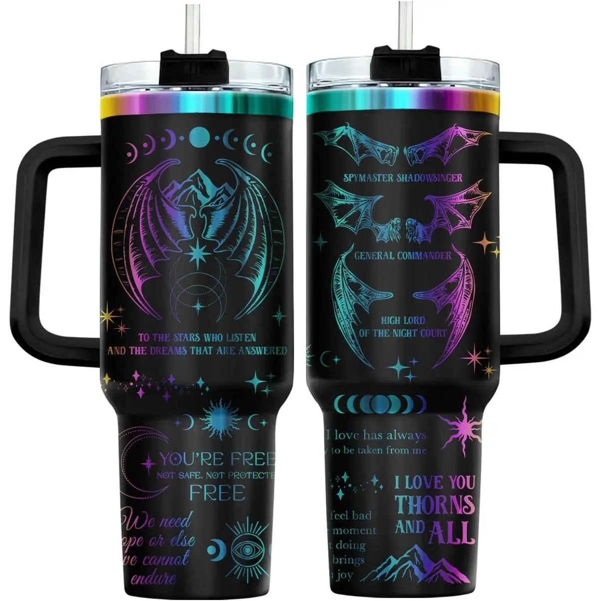 40oz Insulated Stainless Steel Flask Tumbler - Night Court Romantasy Theme, Laser Engraved Bookish Cup with Handle & Straw, Aesthetic Drinkware for Fantasy Romance Readers, Flasks
