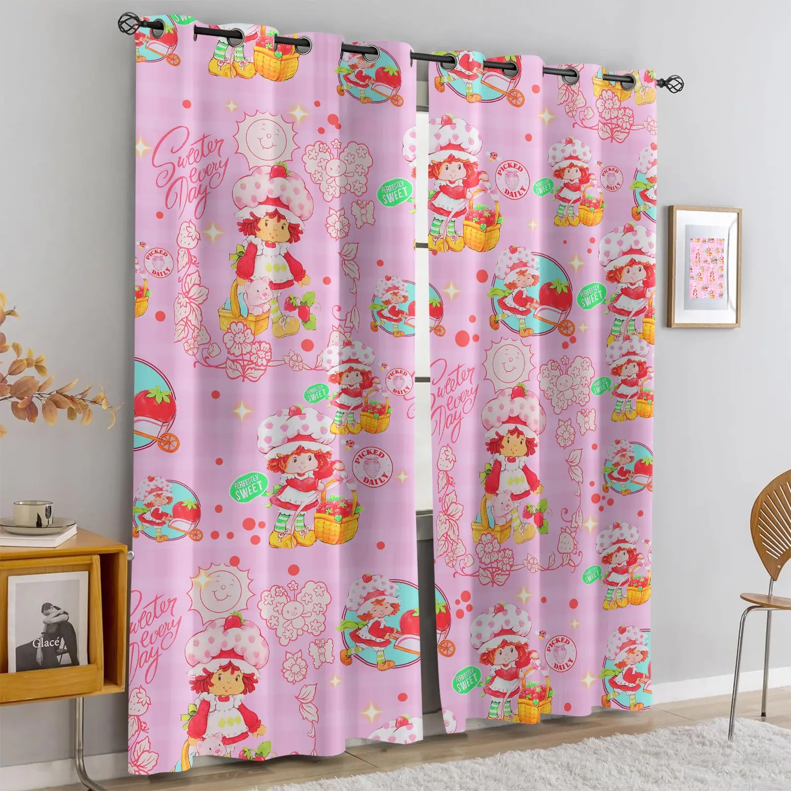 Kawaii Pink Strawberry Girl Cute Blackout Curtains, Retro Sweet Cartoon Strawberry Shortcake Pattern Grommet Thermal Polyester Window Curtains, Triple Weave Room Darkening Drapes for Toddler Girls Nursery Aesthetic Decor