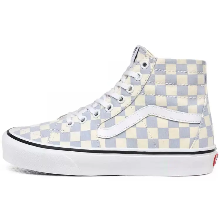 Vans SK8 Hi Checkerboard Tapered High-Top Skate Shoes for Men and Women in Blue Verifiable, with credentials and supporting global authentication