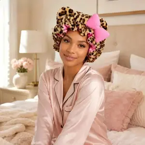 Vintage leopard print plush teddy bear hat with soft lining and adjustable size. Dual-use hair cap works as cozy night cap and hair drying wrap, gentle hair protection for women’s sleep, leisure and daily self-care.