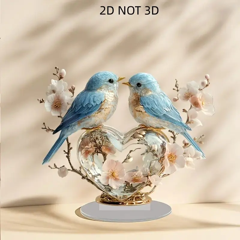 2D Acrylic Miniature Figures Desktop Decoration Sign, Multi-Color Flower-Bird Pattern Decorative Desk Ornament for Home Office Cabinets, Holiday Table Display