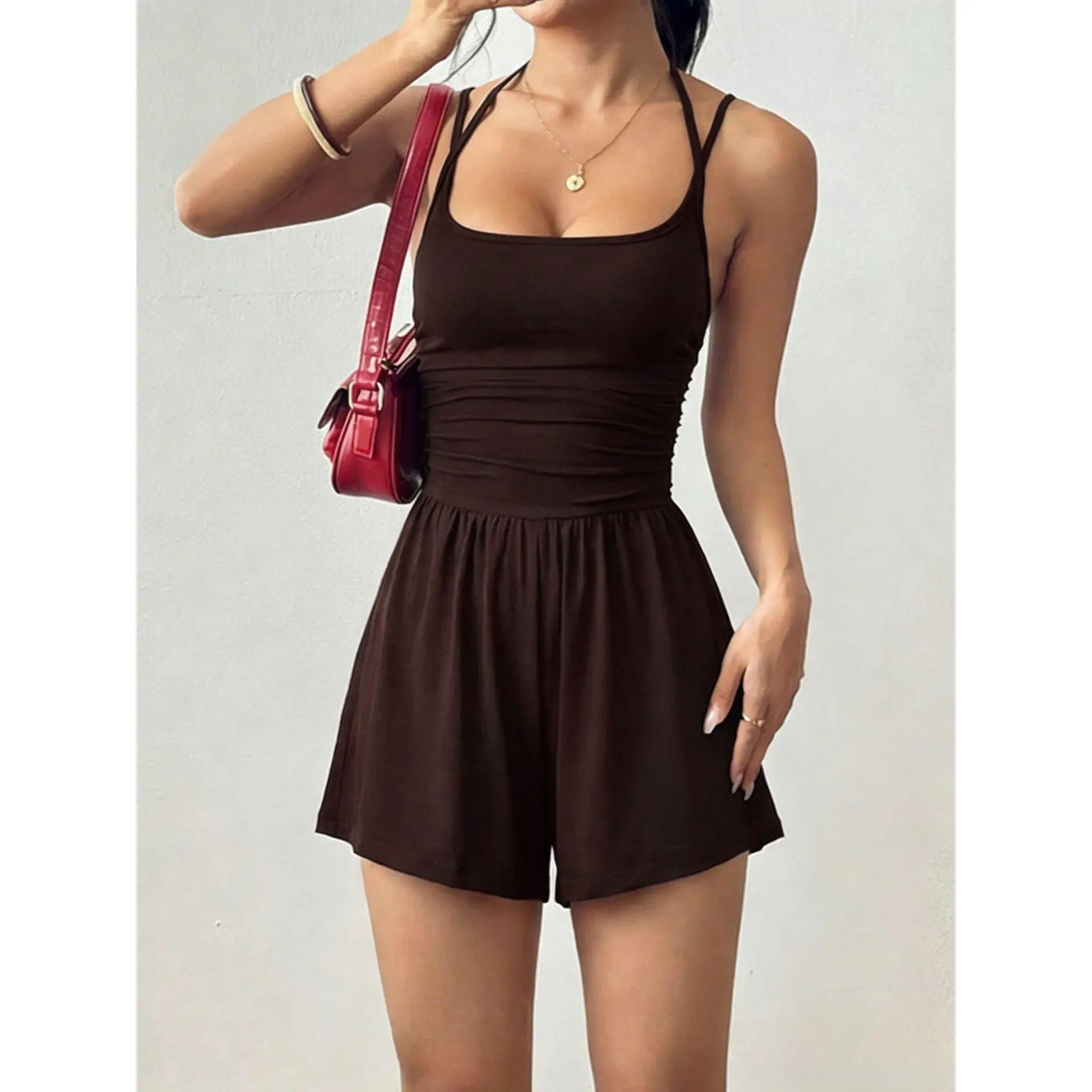 Women's Double-Strap Halter Square Neck Ruched Waist Loose Short Romper, Casual 1-Piece Sports Sweat Suit for Outdoor Activities