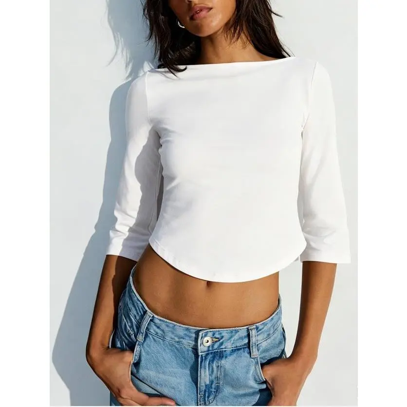 Women's 3/4 Sleeve T Shirt Summer Solid Color Fitted Boat Neck Cropped Tops