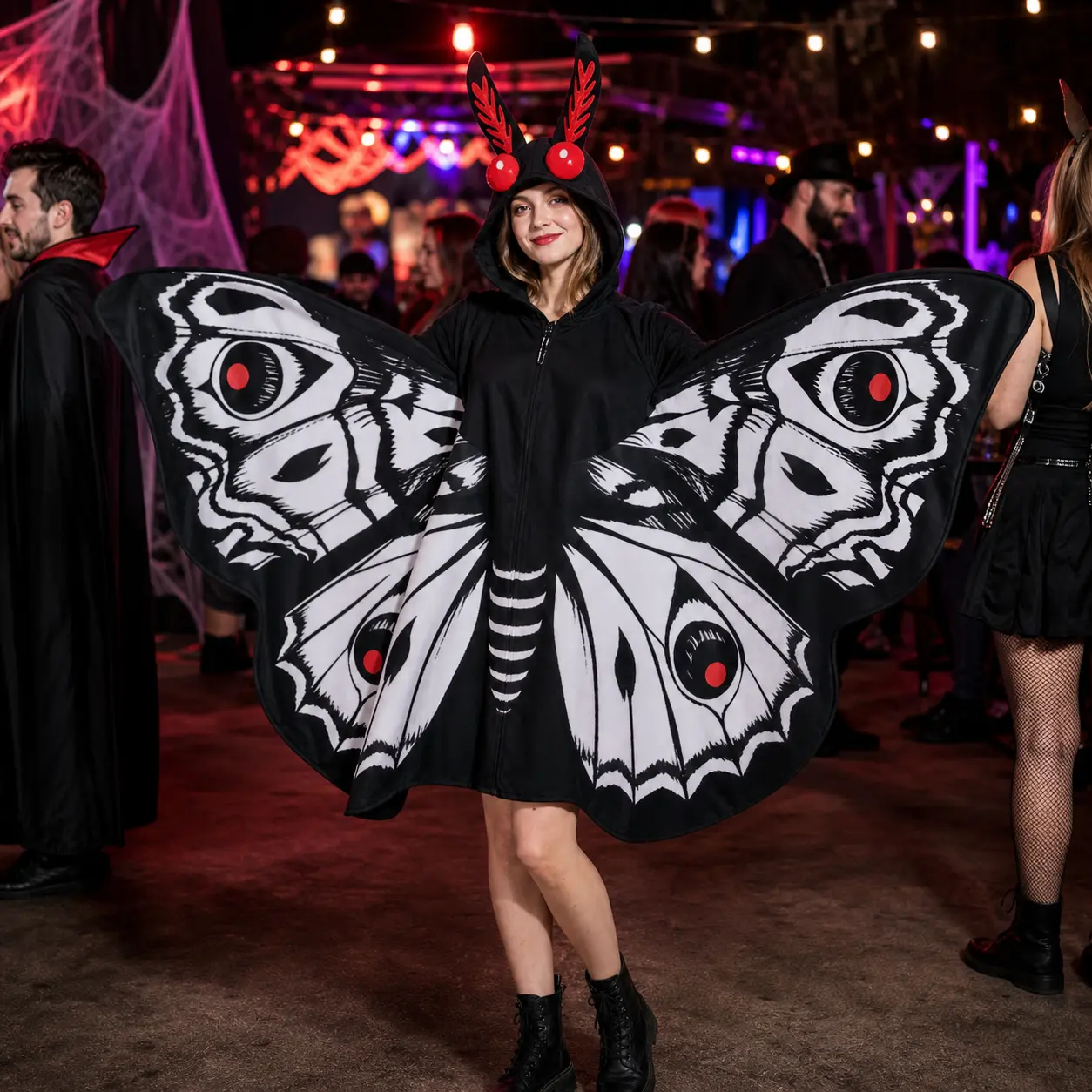 Women's Gothic Moth Winged Hooded Cape Costume - 1-Piece Butterfly Jumpsuit for Halloween, Cryptid Creature Cosplay Party Outfit, Vibrant Winged Cloak for Adults