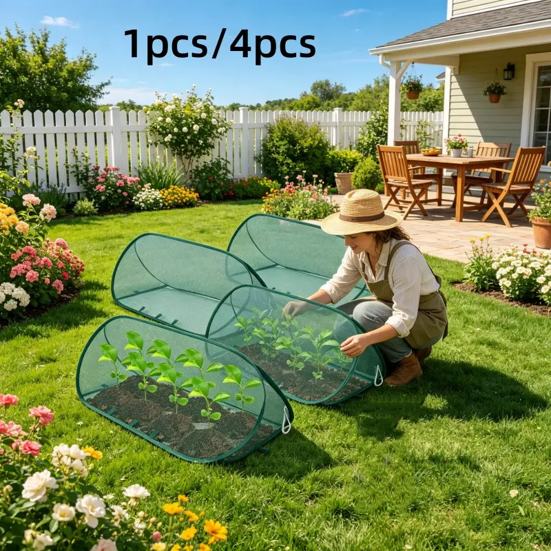 Foldable Mesh Plant Greenhouse Cover, Bird & Bug Proof, Durable Reusable, Ideal for Fruit Vegetables Seedlings, Quick Install, Breathable, 1 Piece + 8 Stakes or 4 Pieces + 32 Stakes, Plant Netting