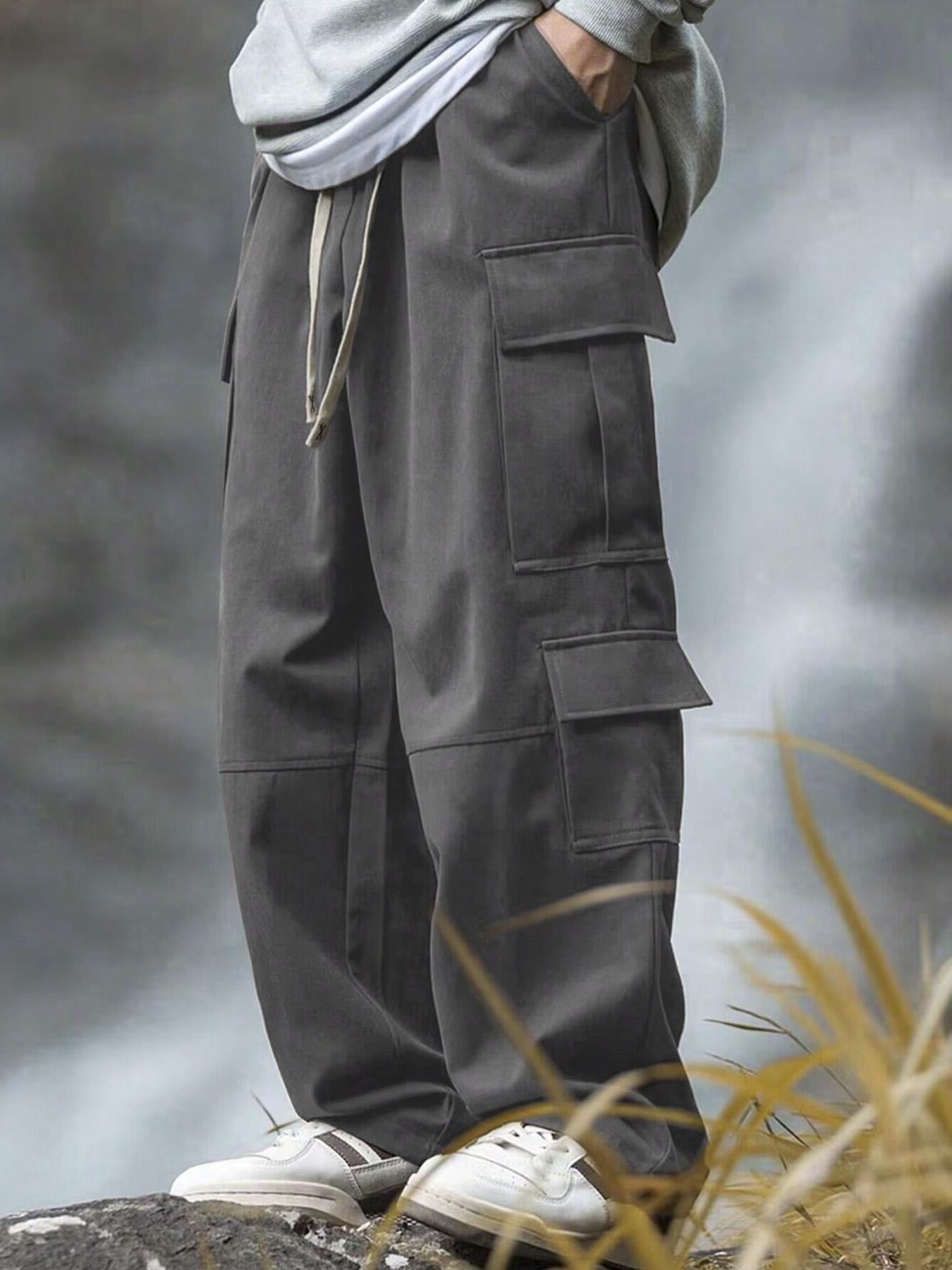 Men's Solid Pocket Cargo Pants, Loose Casual Street Fashion Drawstring Waist Trousers for Daily Wear, Men's Bottoms for All Seasons, Casual Comfy Trouser