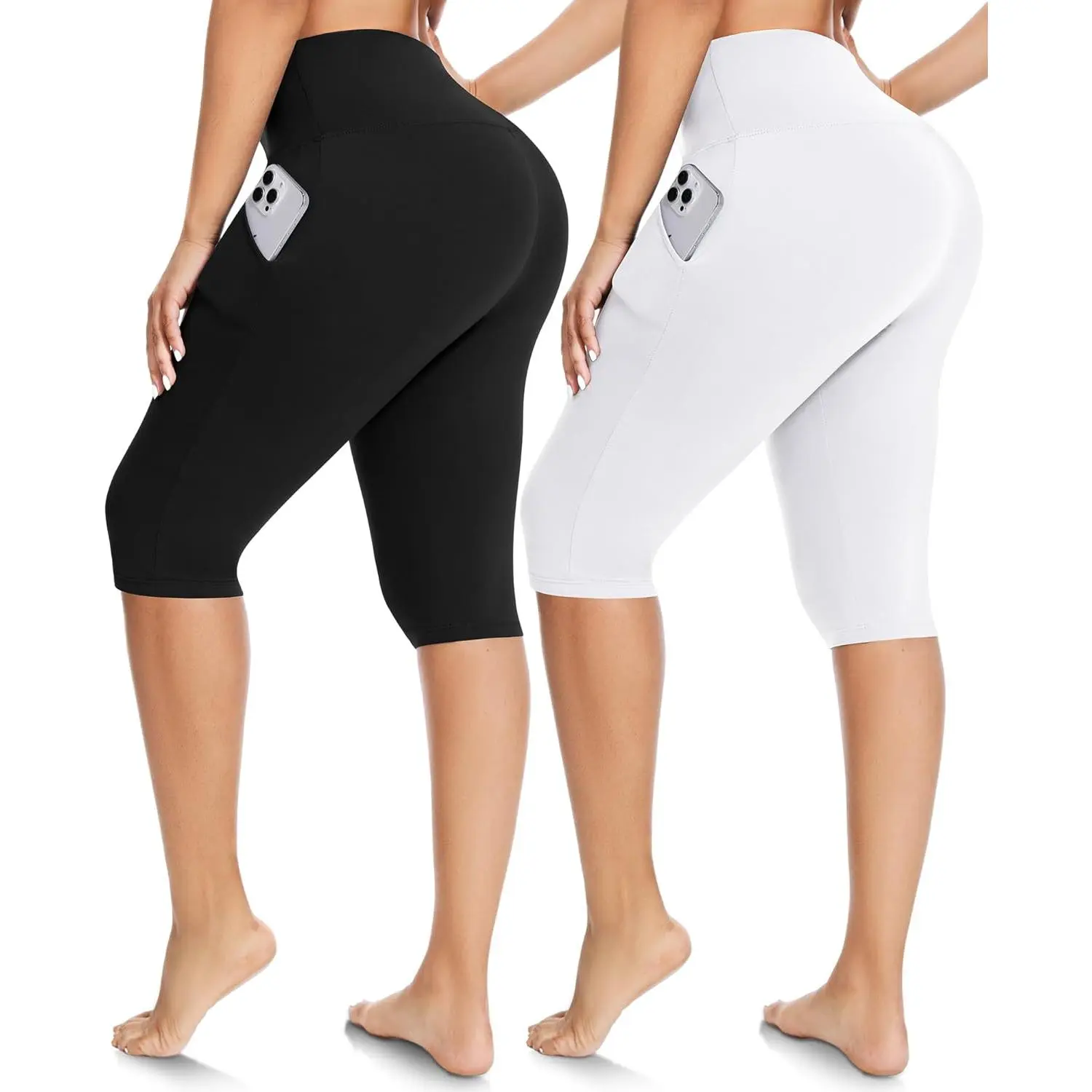 Women's 2 Pack High Waist Capri Biker Shorts, Soft Knee-Length Sporty Sports Bottoms with Pockets for Workout & Yoga
