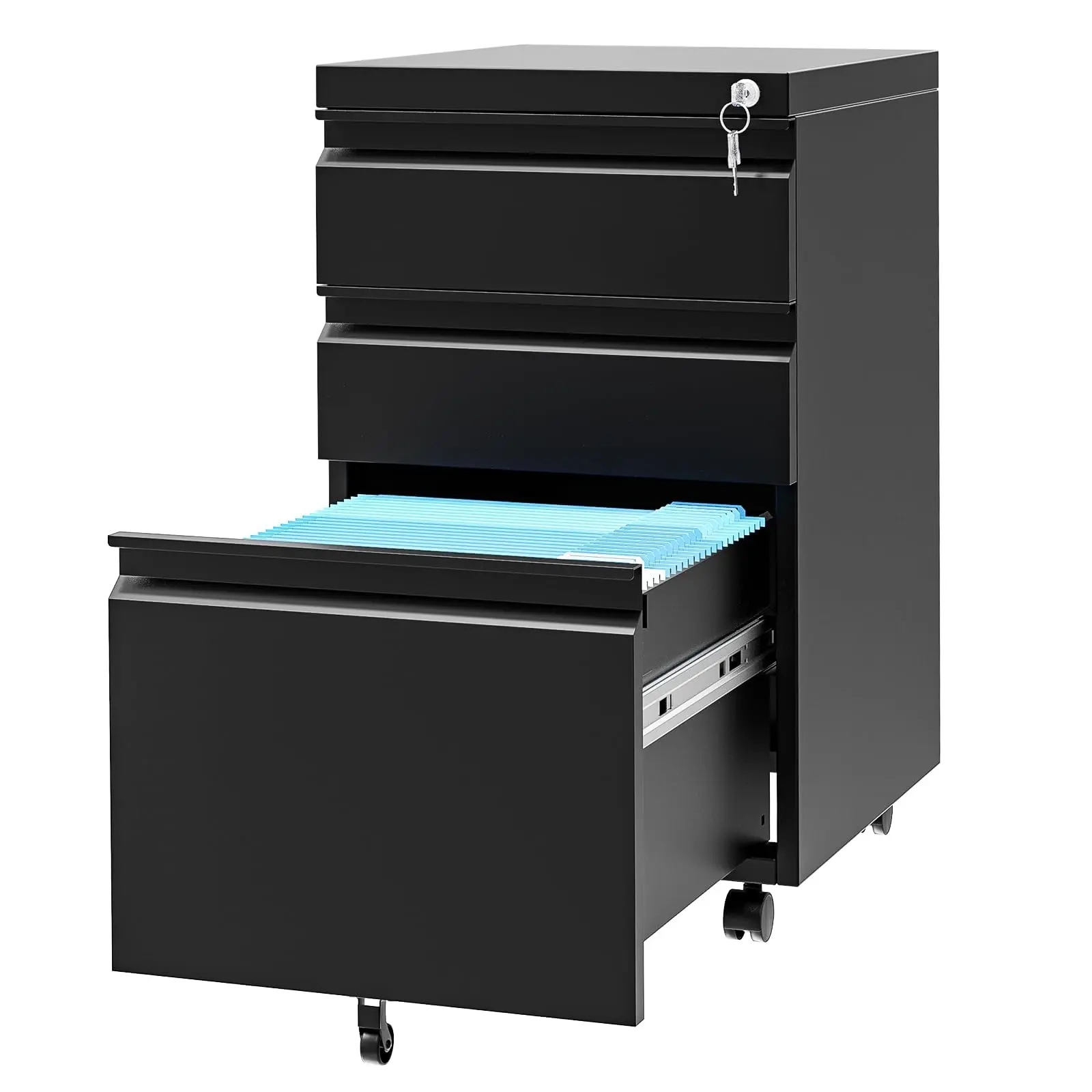 GARVEE Office Filing Cabinets with Wheels, Mobile Filing Cabinet with 3 Drawers, Lockable Metal Cabinet, Under-desk Drawer Cabinet for Home and Office Legal Letter A4 Storage, 37x44x60cm