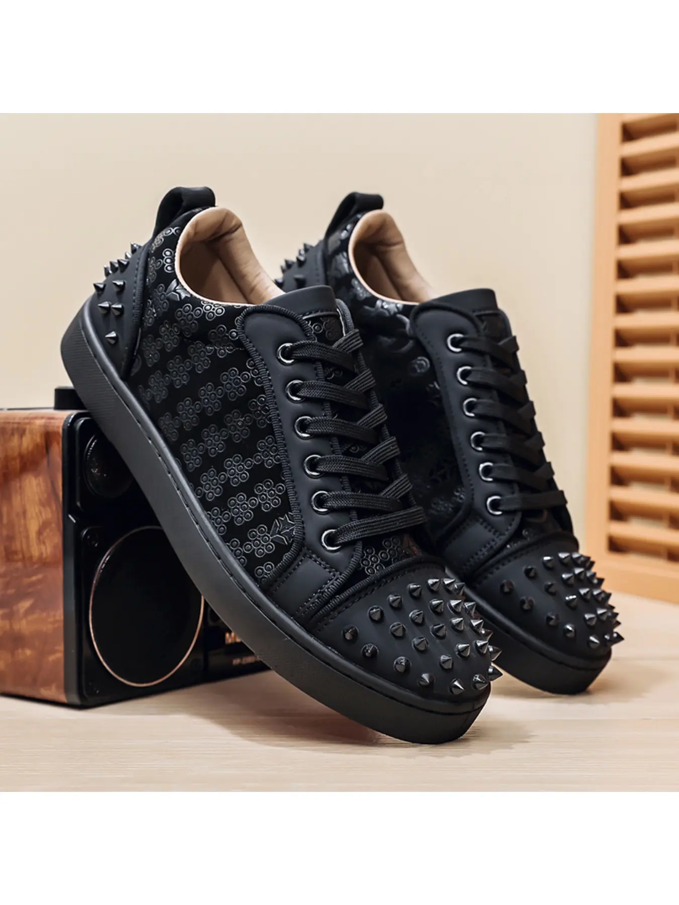 Men's Punk Style Rivet Decorative Breathable Mesh Shoes, Thin Hollow Out Flat Lace-Up Trendy Casual Sneakers