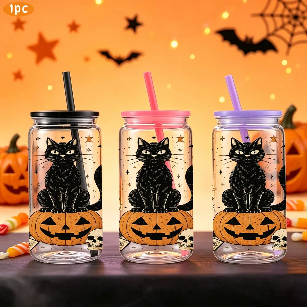 1pc/16oz/500ml/Plastic Mason Cup With Lids And Straw,Iced Coffee Cup, Drinkware, Mason Jar,Halloween Themed Black Cat Jack O Lantern Skull Bat Star Pattern Holiday Gift,Fun Gift For Family And Friends,Halloween Wonderful Night Surprise Gift