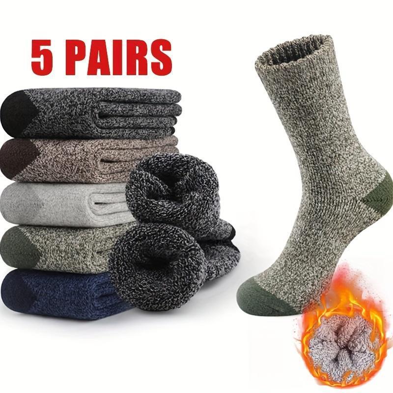 5 Pairs of Men's Warm Winter Socks, Soft Knitted Round Socks for Cold Weather, Polyester and Elastic Blend for Comfort